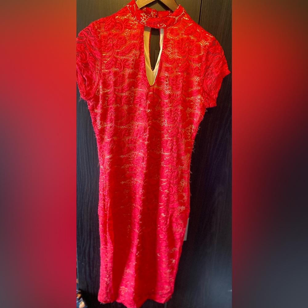 Joe & Elle Red Lace Cheongsam-Style Dress